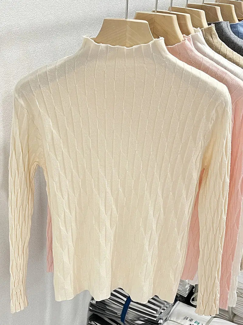 2025 Slim Fit Knitted Base Pullovers Autumn Winter Turtleneck Sweater Women's Solid Long Sleeve Casual Ruched Sweater