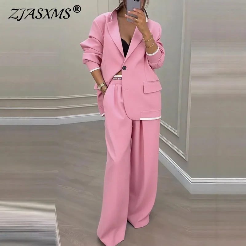Autumn Winter Blazer Jacket Set Woman Elegant Single Button Lapel Cardigans & Wide Leg Trousers Suit Elegant Solid Office Outfit