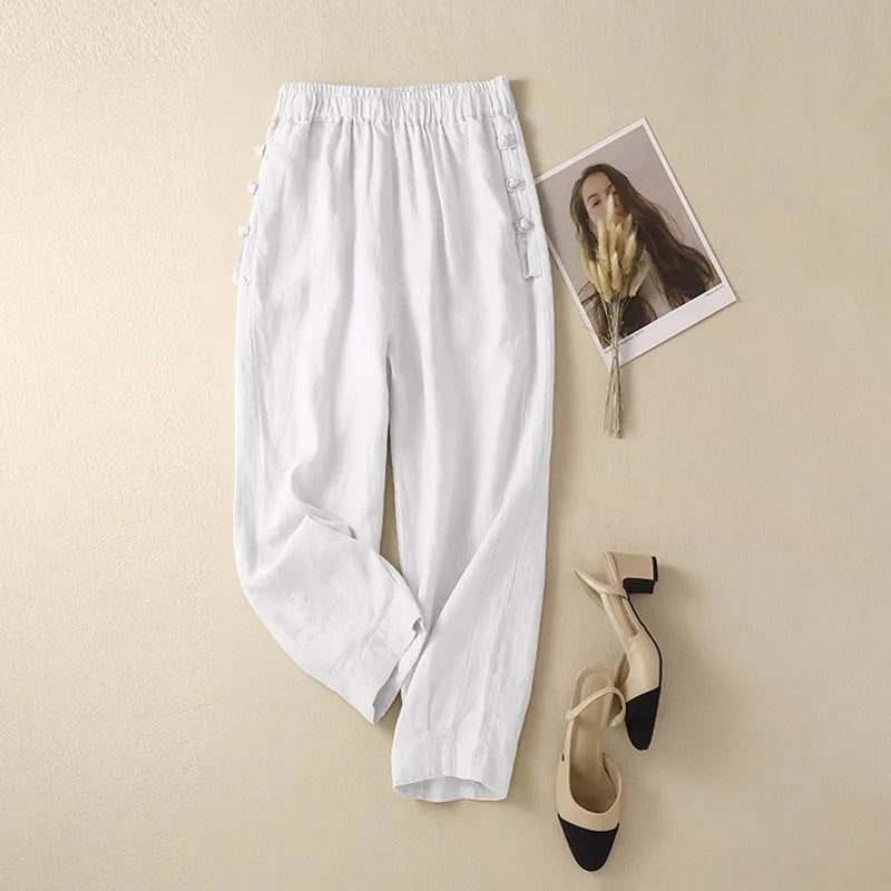Japan Style Cotton Harem Pants Female Retro Buttons Casual Loose Ankle-Length Trousers for Women Pantalones Mujer