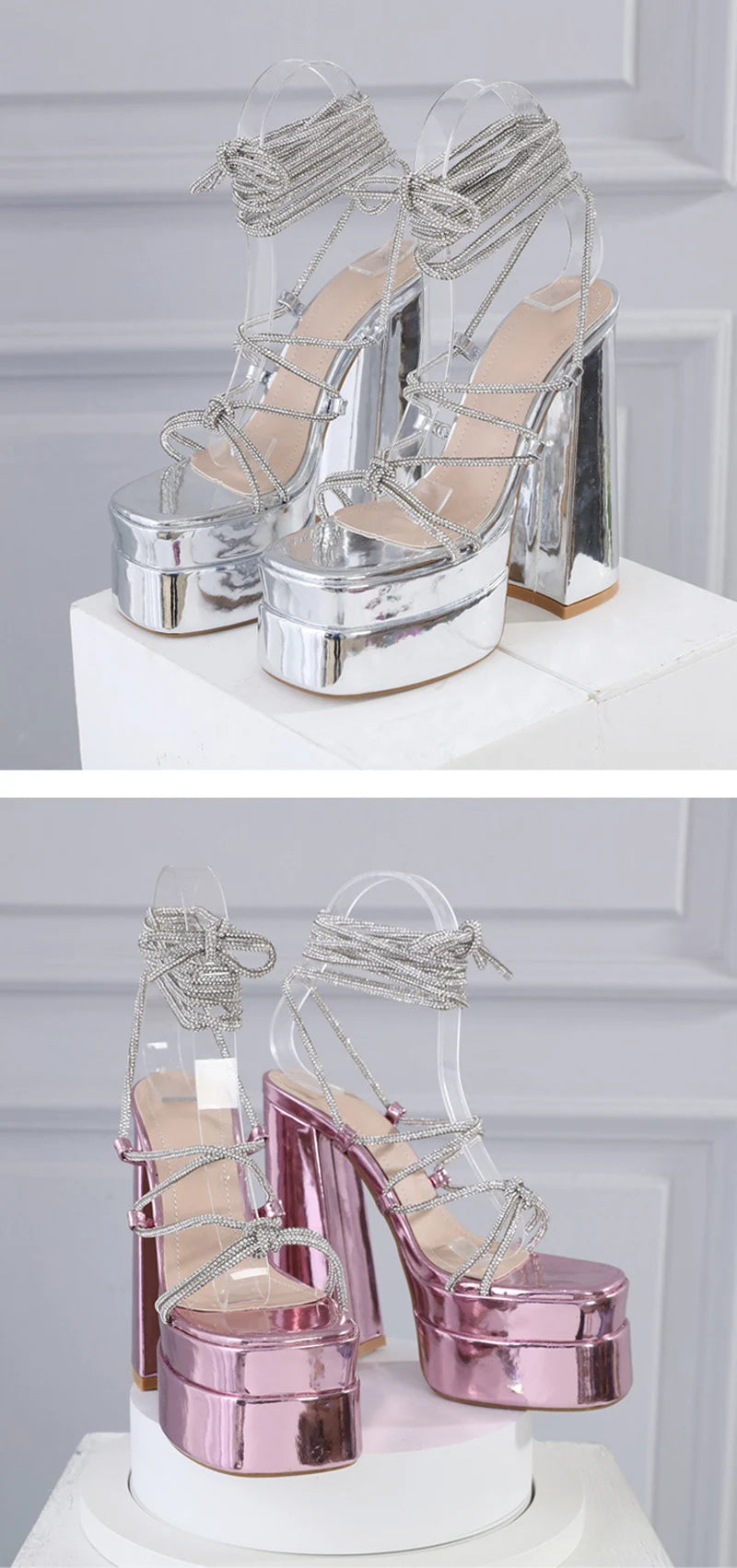 MM2025 New Arrival Rhinestone Embellished Knot T-Strap Heels Roman Peep-toe Summer Sandals Shiny Perfomance Anniversary Footwear