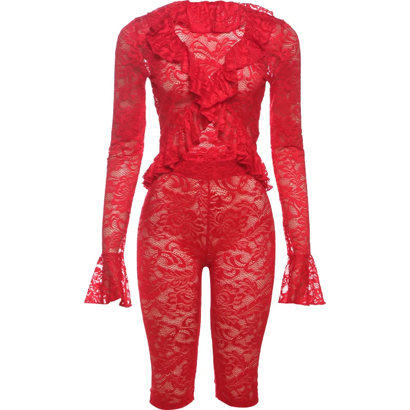 Weird Puss Jacquard Sexy Women 2 Piece Set Coquette Full Sleeve Ruffles Crop Tops+Bike Shorts Matching Clubwear Summer Outfits
