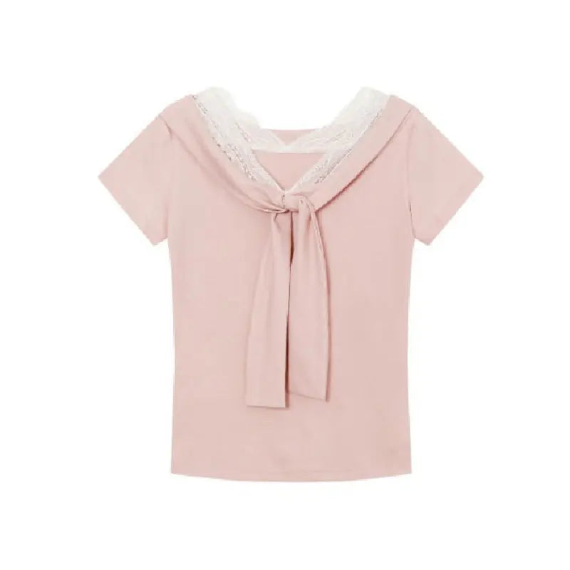 Summer V-Neck Fashionable Lace T-shirts Elegant Bandage Women's Clothing Solid Color Basic Short Sleeve Slim Vintage Pullovers