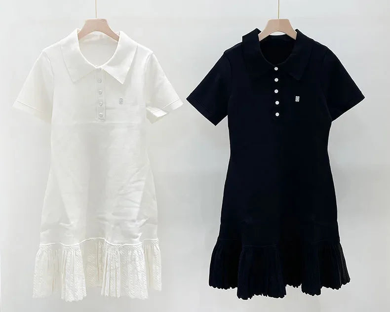 White or Black Women A-Line Knit Dress Slim Short Sleeve Front Letter Female Pleated Mini Robe 2025 New