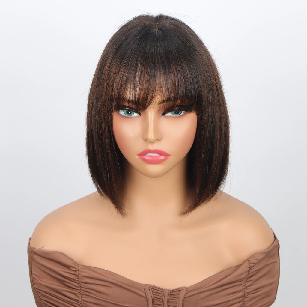 Brown Highlight Put On 100% Human Hair and Go Realistic Yaki Straight Short Bob with Bangs Minimalist Lace  Human Hair Wig