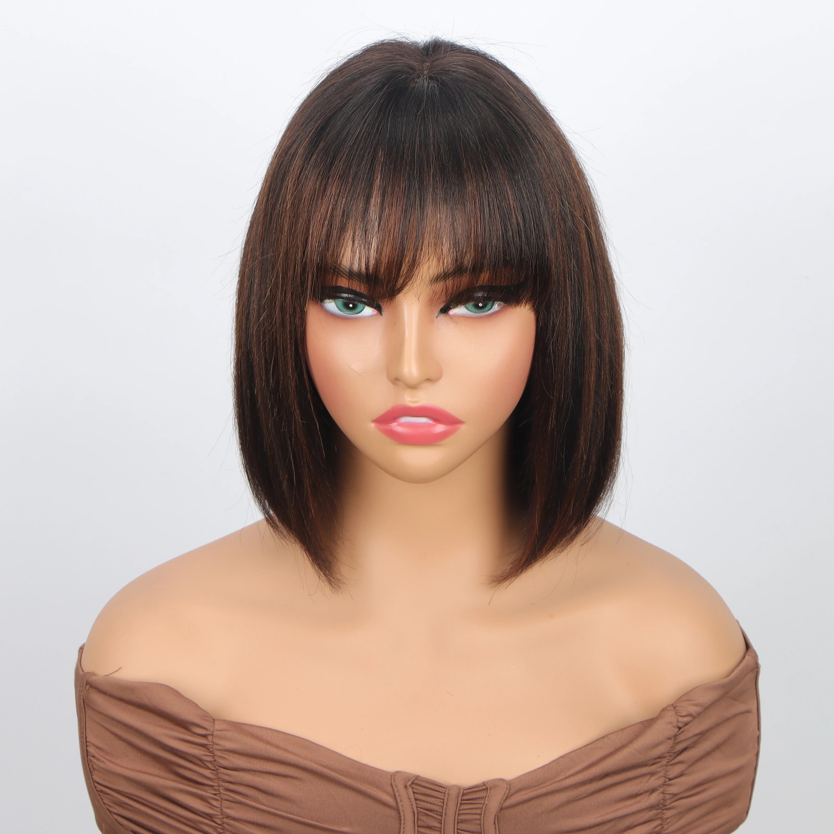 Brown Highlight Put On 100% Human Hair and Go Realistic Yaki Straight Short Bob with Bangs Minimalist Lace  Human Hair Wig