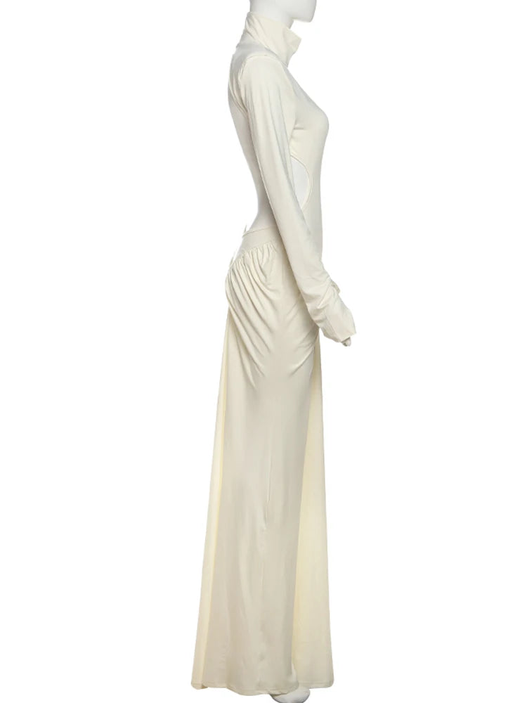 Cutenew High Street Women Maxi Dress Classic Sexy Backless Straight Shoulder Full Sleeve Ruched Bodycon Mujer Evening Vestidos