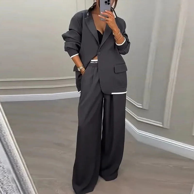 Autumn Winter Blazer Jacket Set Woman Elegant Single Button Lapel Cardigans & Wide Leg Trousers Suit Elegant Solid Office Outfit