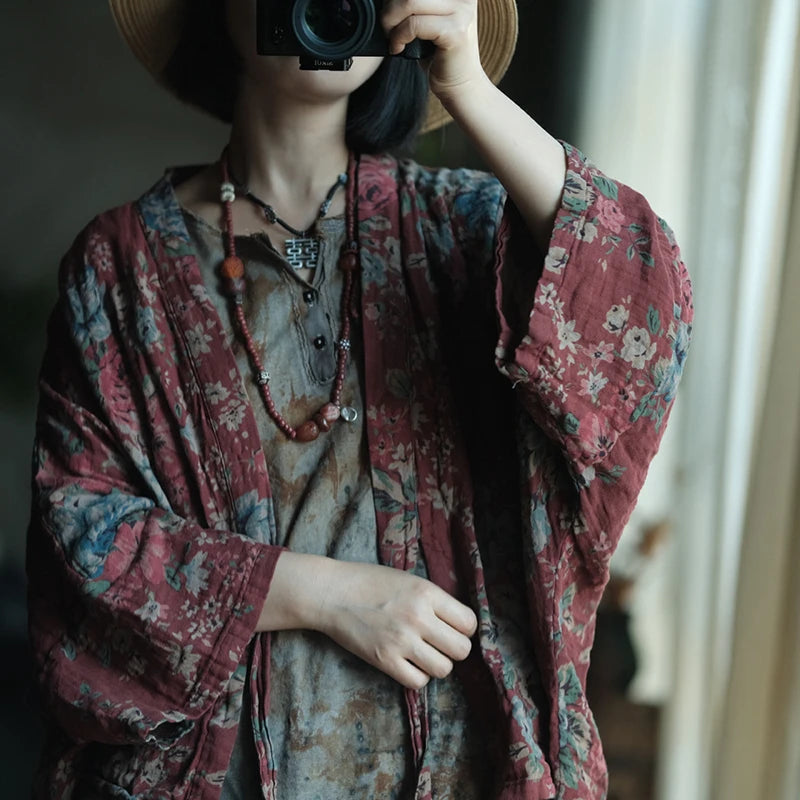 Oversized Women Casual Cotton Shirt New 2025 Spring Vintage Style Floral Print Loose Female Batwing Sleeve Tops Shirts M1391