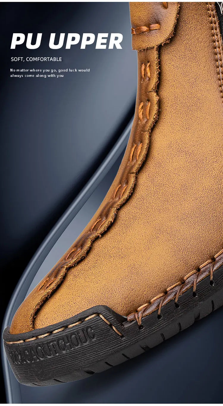 CLOHOO Hand-Sewn High-Top Men's Casual Shoes Comfortable Business Boots Solid Color Office Boots with Zipper