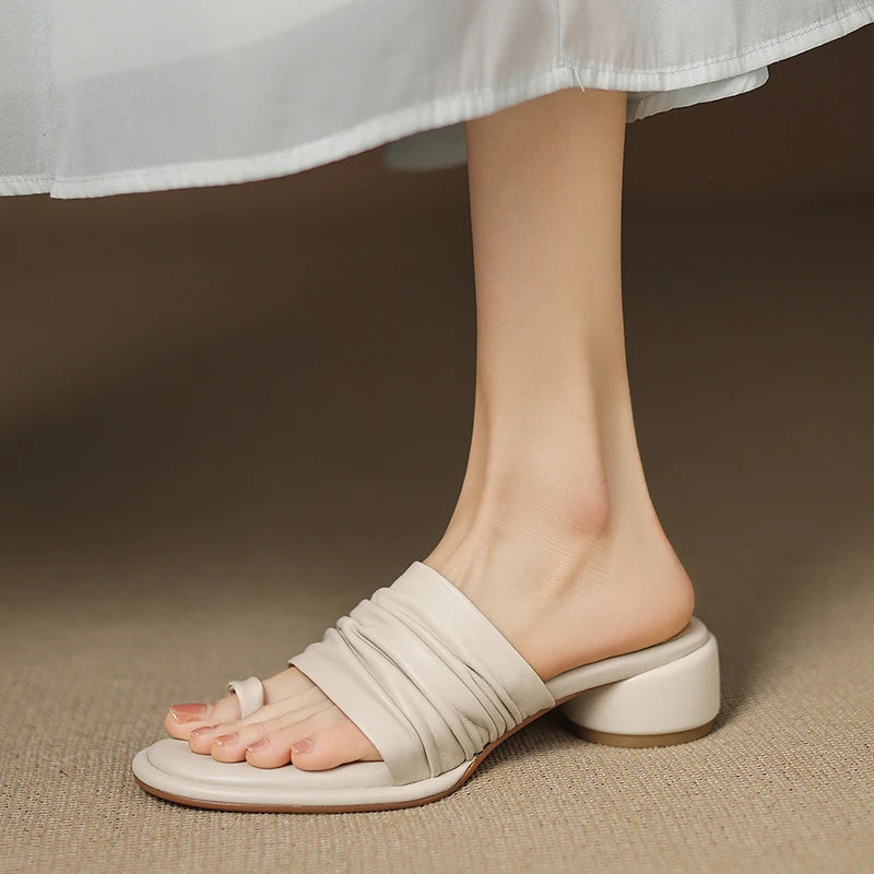 2025 NEW Summer Women Mules Genuine Leather Shoes for Women Open Toe Med Heel Shoes Slippers Pleated Modern Sandals