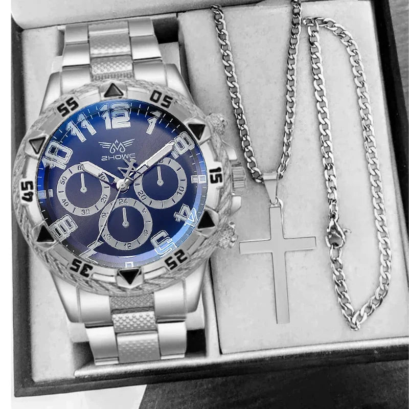 2 Pçs/set Moda Negócios Masculino Relógio Analógico de Quartzo com Colar Cruz (Sem Caixa)
