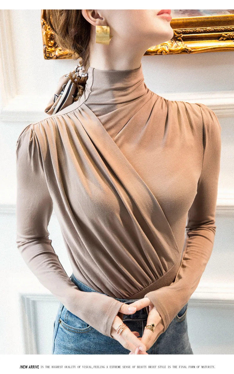 EVNISI Women Casual Thickening Warm Shirt Elegant Office Long Sleeved T-shirt Mock Neck Women Bottoming Tops 2024 Autumn Winter