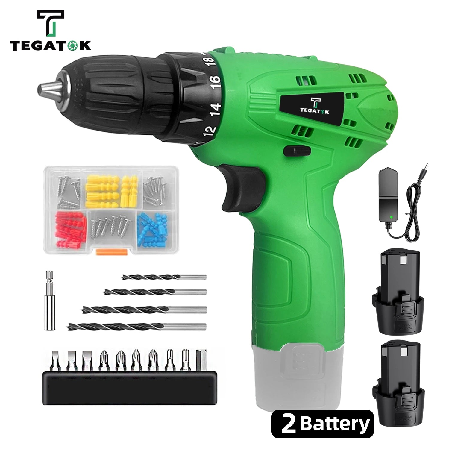12V Cordless Drill Kit , with Battery and Charger, Variable Speed, 18+1 Torque Drill, 3/8 Inch Keyless Chuck Bit