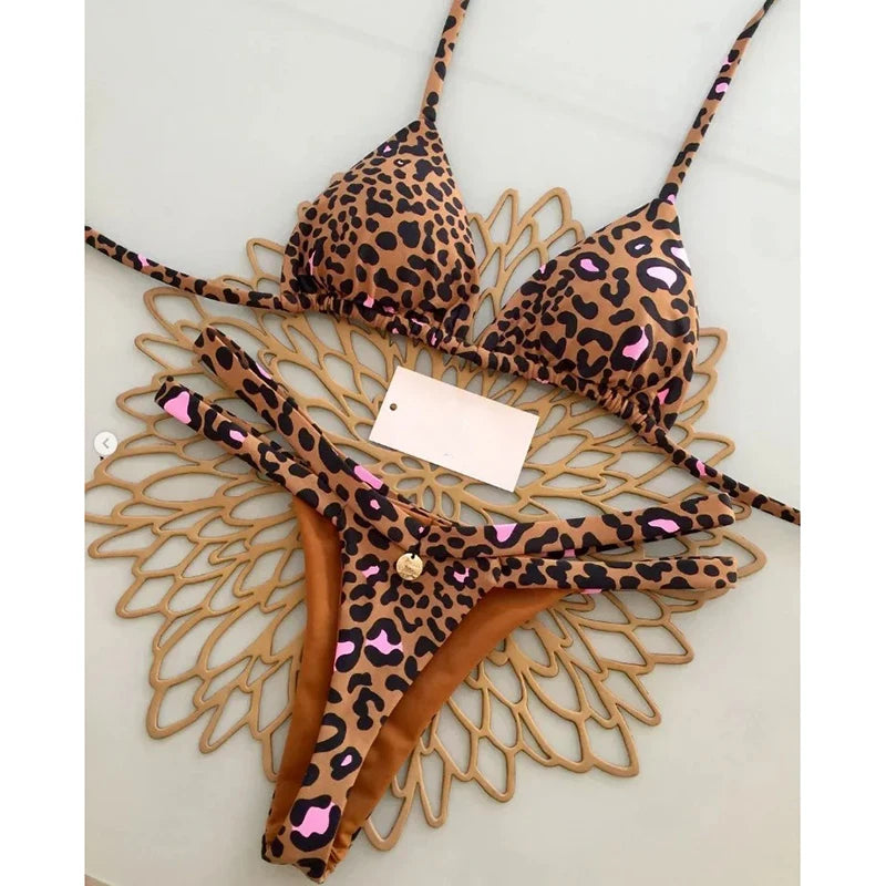 Sexy Bikini Set Bathing Suit Women Vintage Print Halter Lace-up Thongs Bikini Push Up Y2k Fashion Chic Beach Style Sexy Swimsuit