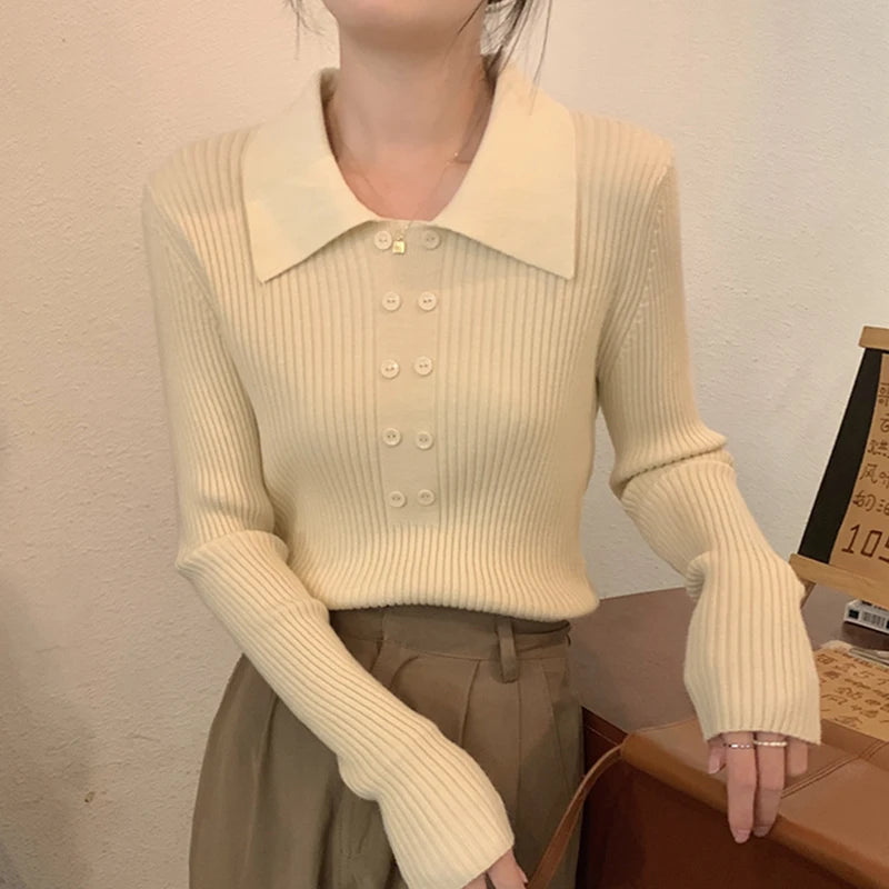 Turn-Down Collar Ribbed Pullover Sweater Women Autumn Winter Slim Long Sleeve Soft Warm Sweaters Ladies Knitted Tops