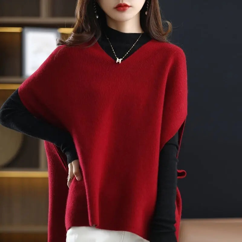 Autumn Winter New Imitation Cashmere Sweater Vest Female V-neck Bat Sleeve Solid Color Versatile Sleeveless Loose Knit Waist
