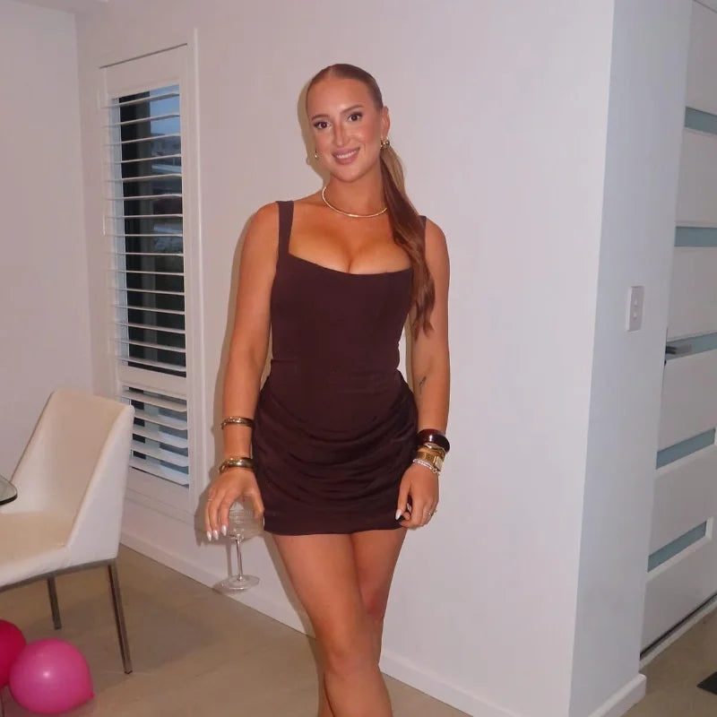 2025 Pleated Hem Bandage Dresses Women's Sexy Backless Mini Dress Chic Autumn U-neck Sleeveless Slim Lady Party Evening Gowns