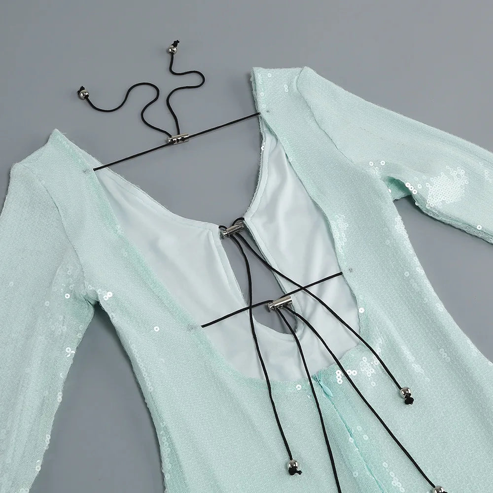 Luxury celebrity vacation photography nightclub evening gown sexy solid color sequin banquet long sleeved dress