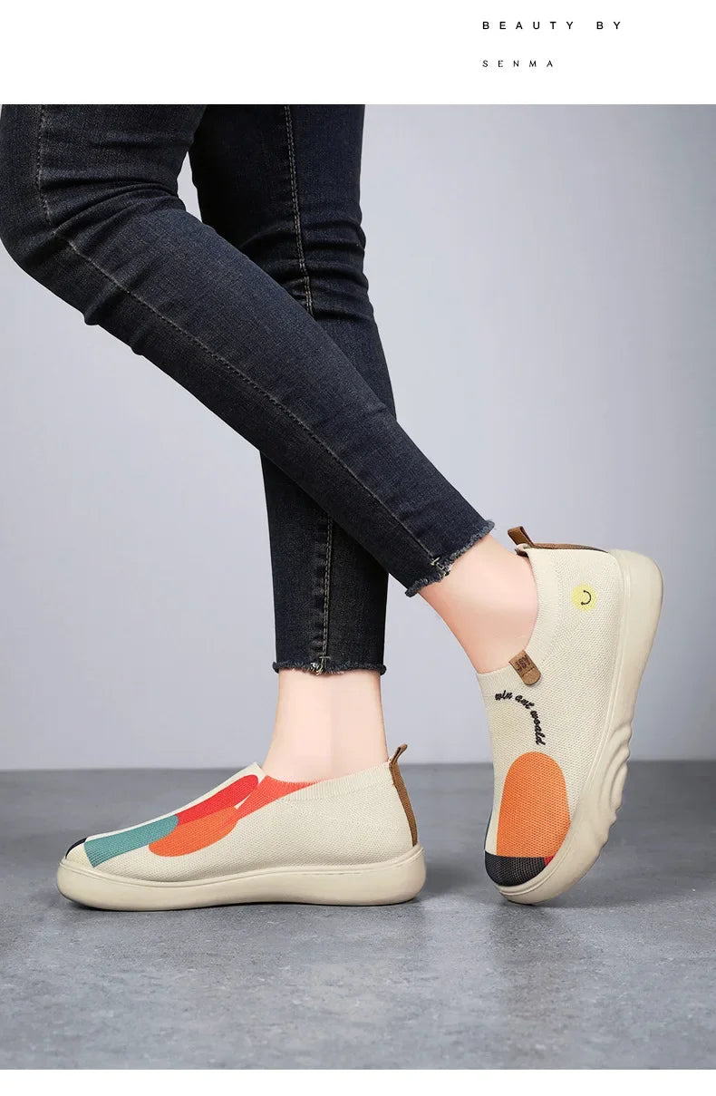 Spring and summer women's breathable knitted sports shoes, casual sponge shoes, lightweight mesh low top shoes  platform boots