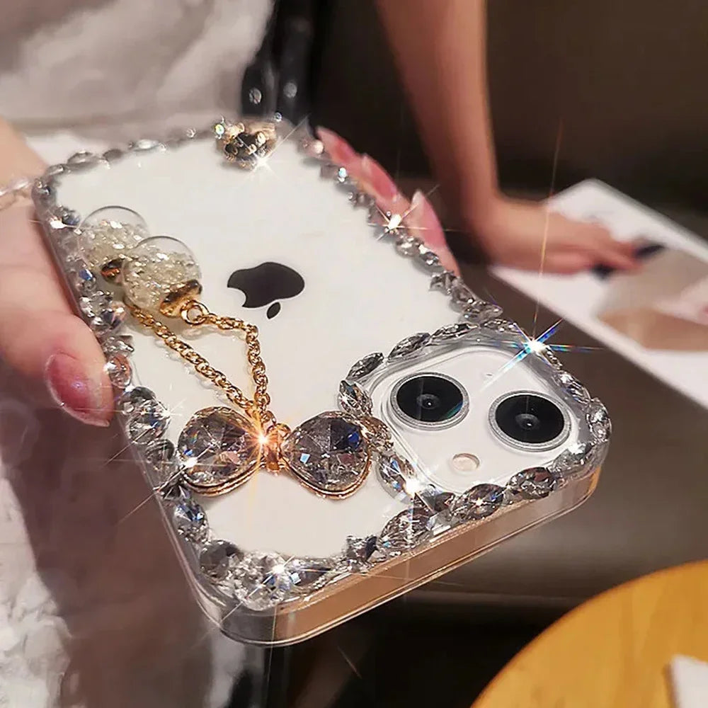 Transparent Case for iPhone16, 15, 14, 13, 12 17 Air Bowknot with Hand Chain, Camera Lens Frame, Glitter Diamond, Luxury