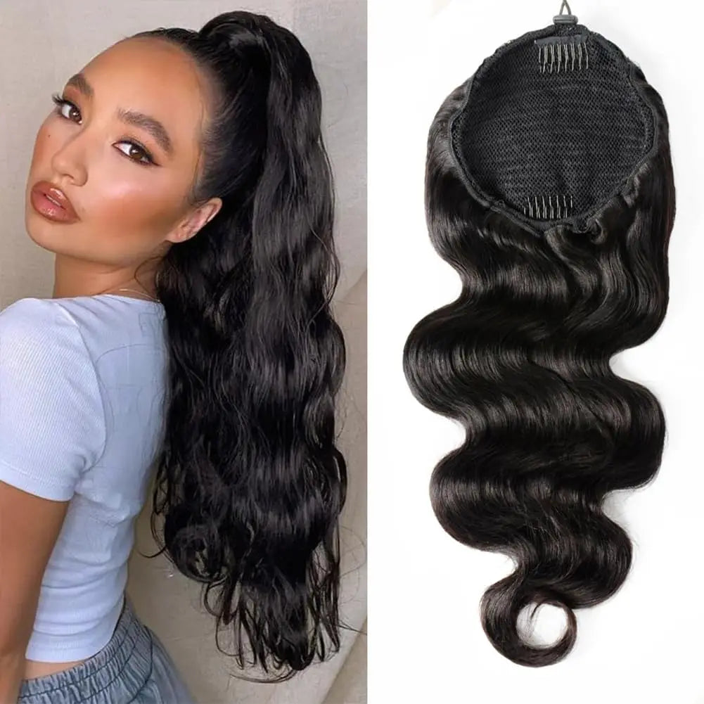 Body Wave Ponytail Extensions For Women 100% Real Human HairNatural Black Clip in Drawstring Ponytail Hair Extensions 10-26 Inch