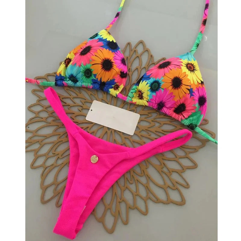 Sexy Bikini Set Bathing Suit Women Vintage Print Halter Lace-up Thongs Bikini Push Up Y2k Fashion Chic Beach Style Sexy Swimsuit