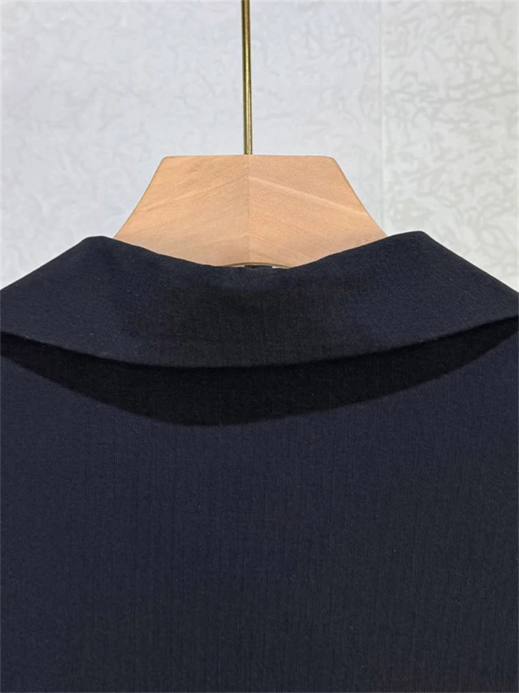 Women's Black Fake Two-Piece Irregular Midi Dress Lace Up Short Sleeved Floral Print Midi Robe