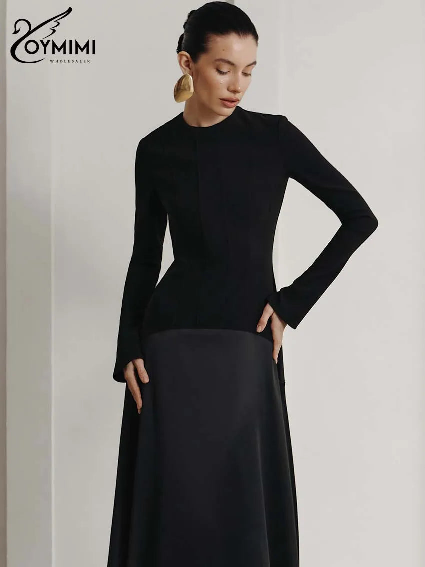 Oymimi Elegant Black O-Neck Womens Dresses Fashion Long Sleeve Patchwork Slim Dresses Casual New Straight Ankle-Length Dress