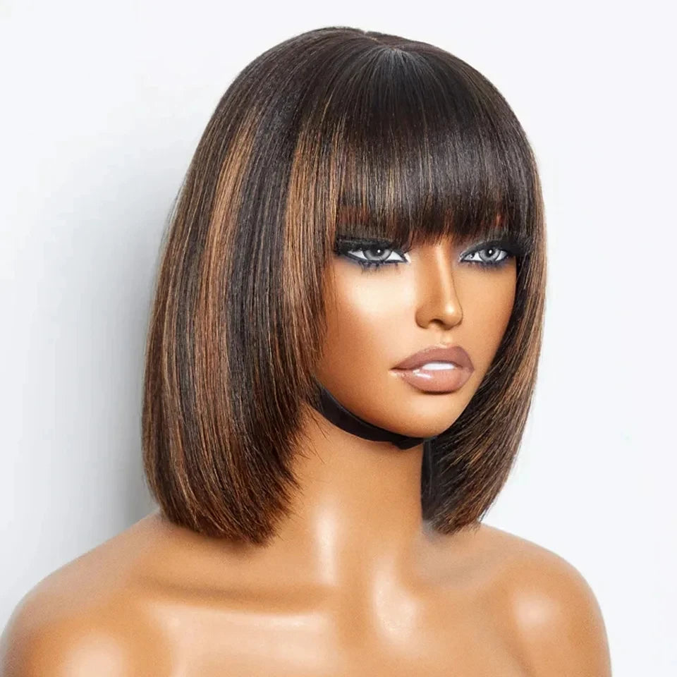 Brown Highlight Put On 100% Human Hair and Go Realistic Yaki Straight Short Bob with Bangs Minimalist Lace  Human Hair Wig