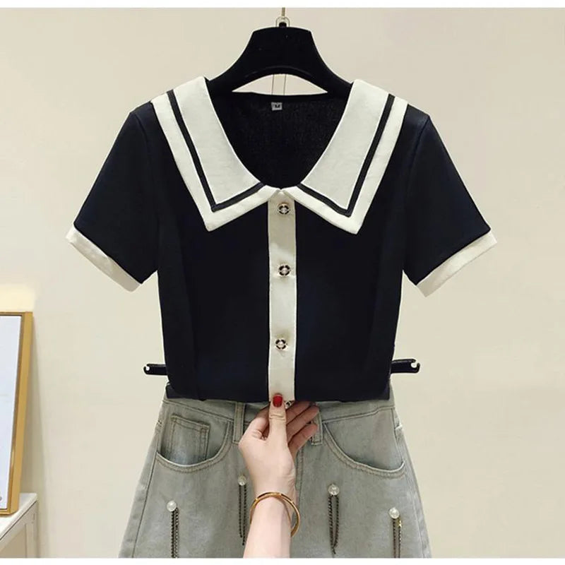 Summer Elegant Loose Polo-neck Knit Pullover Women Fashion Patchwork Button Short Sleeve T-shirt Office Lady Chic Tops 40-100Kg