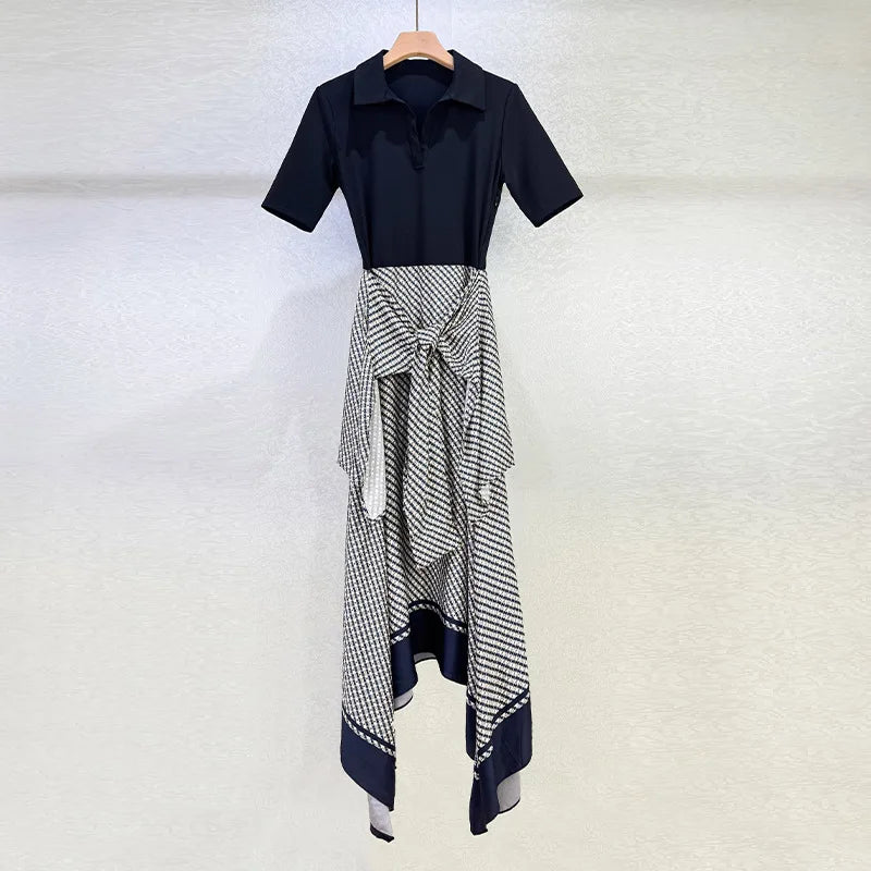 Women's Black Fake Two-Piece Irregular Midi Dress Lace Up Short Sleeved Floral Print Midi Robe