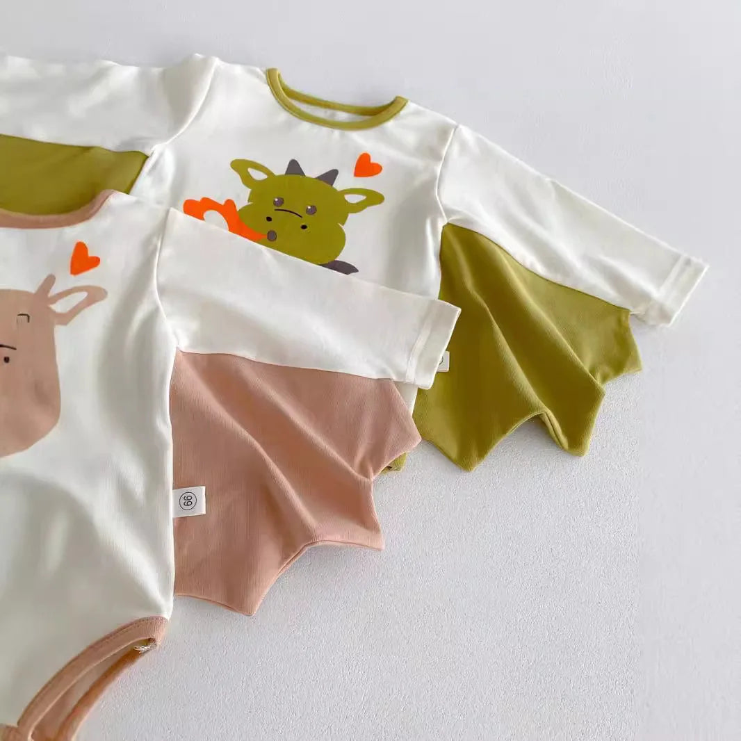 2024 Autumn New Korean Style Infant Onesie: Dragon Print Bodysuit with Hooded Design for Babies, Includes Hat