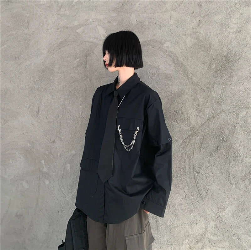 Women's Two-Way Wear Long Sve irt Loose Fit Street Sle Korean Version Retro BF Top  Collar Button up Polyester