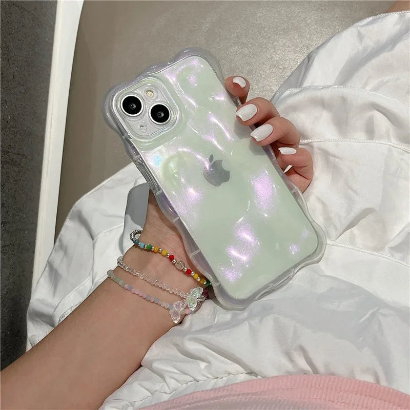 Transparent 3D Bubbles Shape Curly Shiny Phone Case For iPhone 17 Pro Air 15 16 Plus 14 13 12 Pro Max 11 Meteorite Wave Cover
