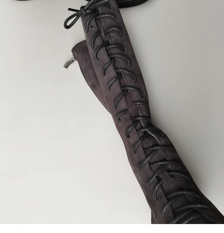 Autumn 2024 Shoes Long Noses Riding Boots Natural Leather Wide Toe Women's Boots Kne-High Cowhide Suede Single Lace-up booties