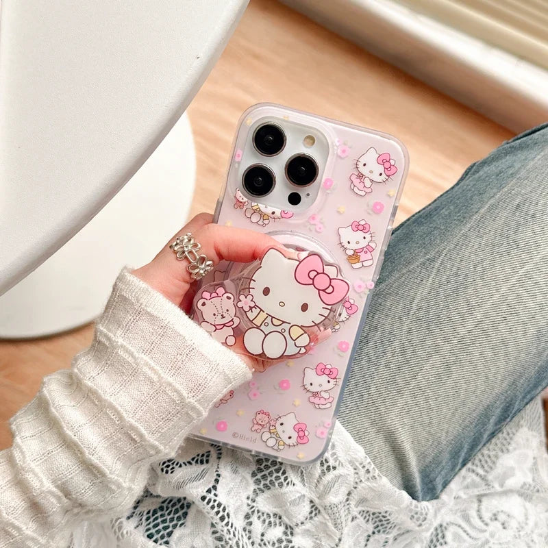 Cute Cartoon Sanrio Hello Kitty Magnetic Holder Magsafe Wireless Charge Phone Case For iPhone 15 14 13 12 11 Pro Max Hard Cover
