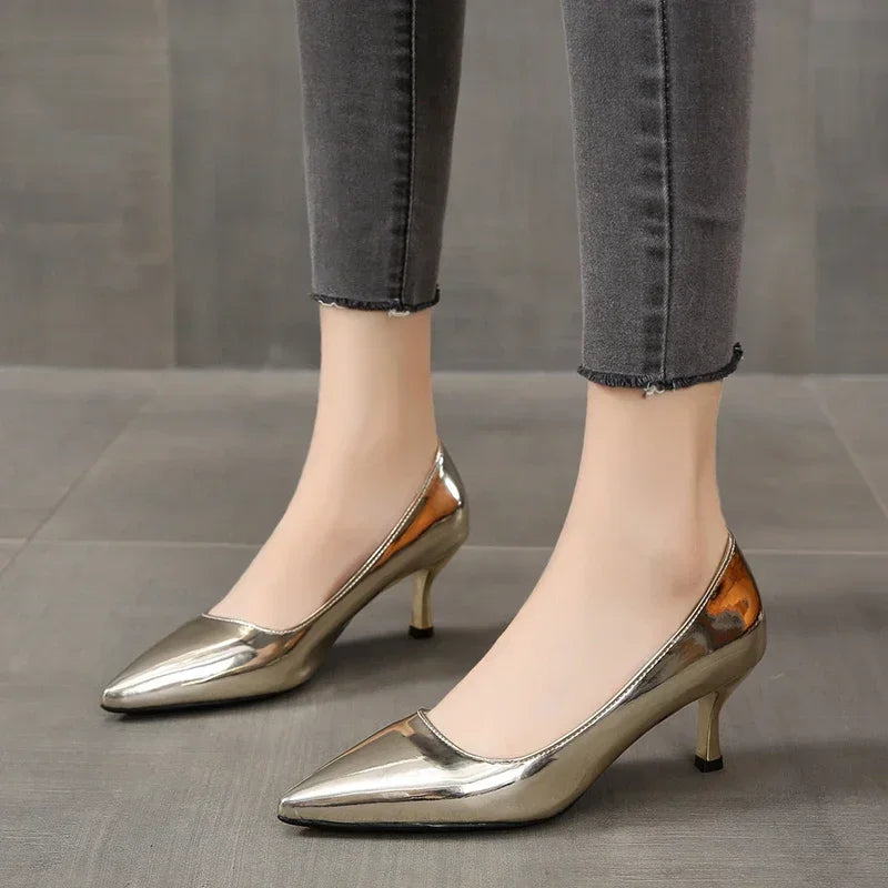 2024 New Lady Pointe Toe Gold Silver Pumps Female Wedding Bridal Shoes  Fashion Women Patent Leather High Heels Plus Size 45
