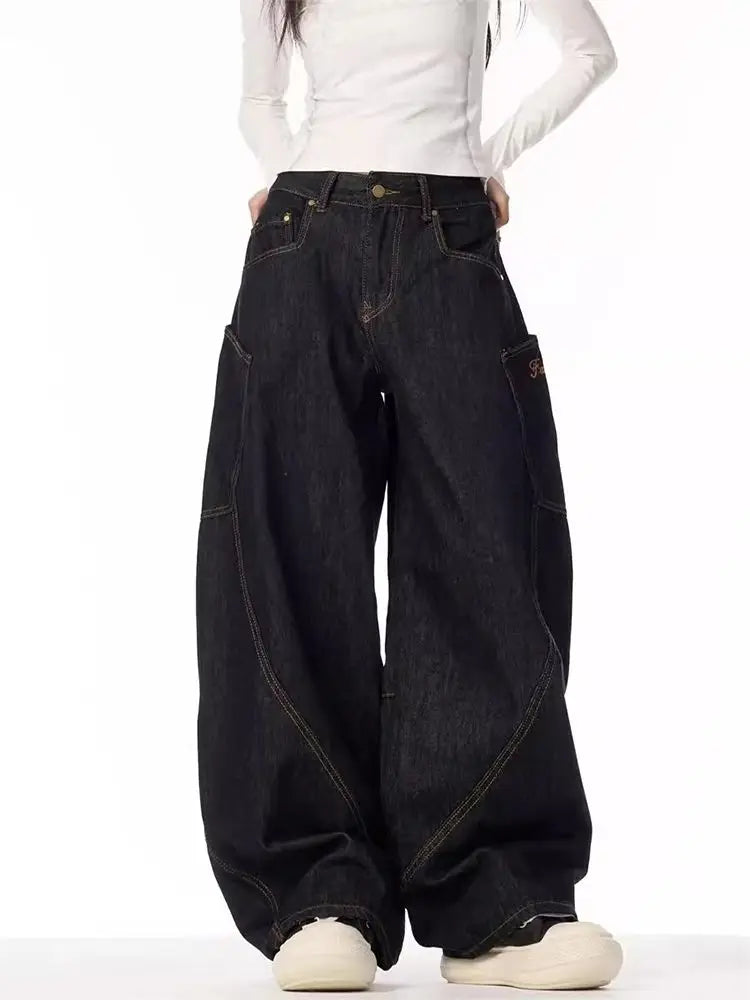 HOUZHOU Vintage Grunge Y2k Jeans Women High Street Black Baggy Denim Trousers Wide Punk Casual Straight Oversized Denim Pants