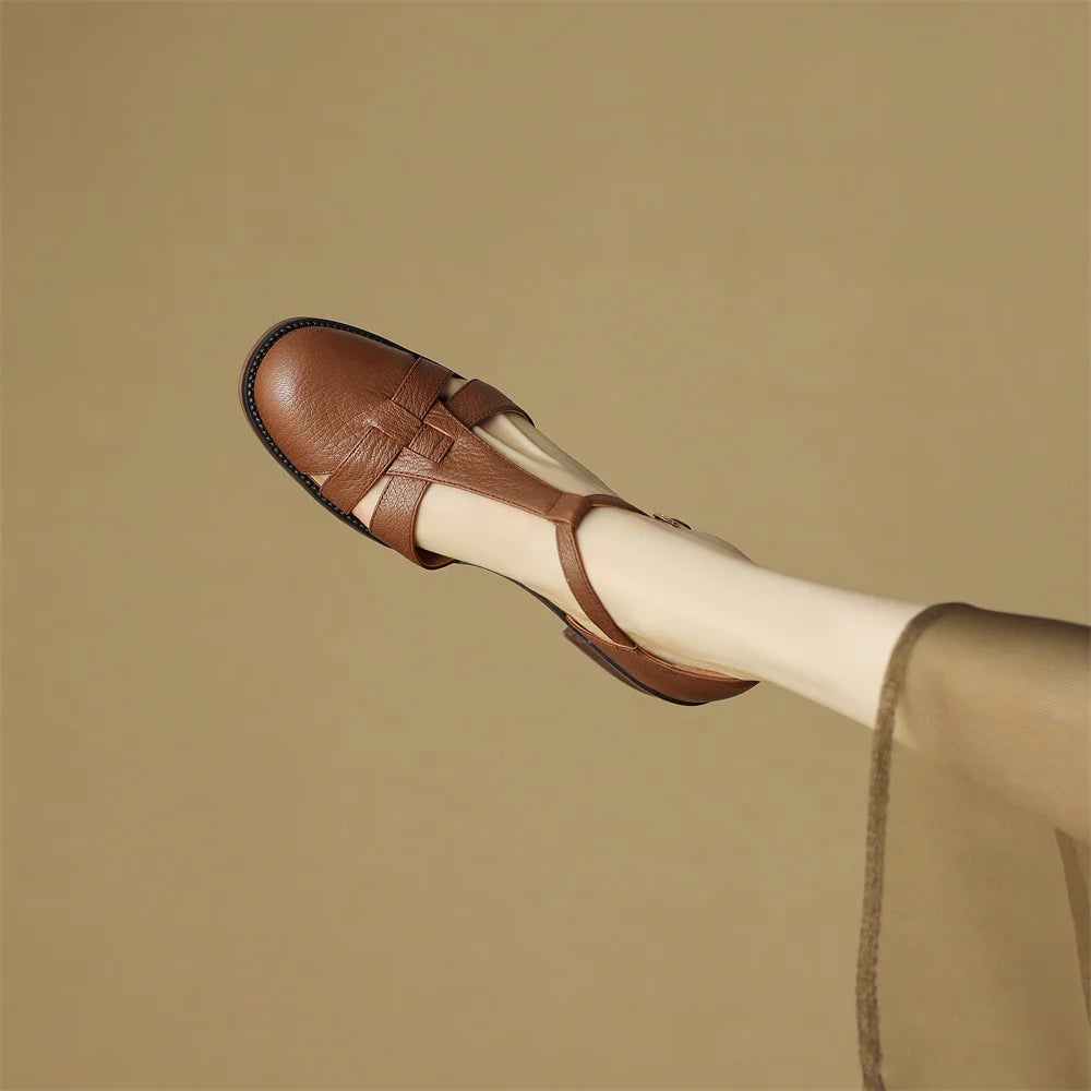 Women's genuine leather narrow band braided t-strap flats sandals round toe casual female summer roman style shoes for women hot