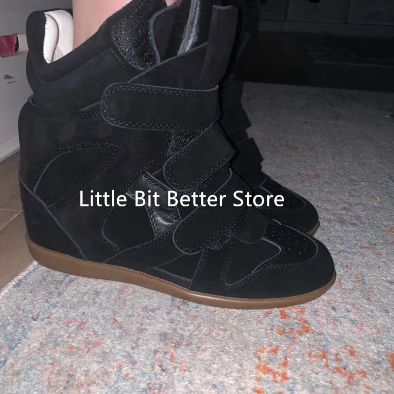 A Genuine Leather Casual Shoes Women's 2026 Summer Breathable Hollow Hidden Wedges Sneakers Hook Loop Trainers High Top