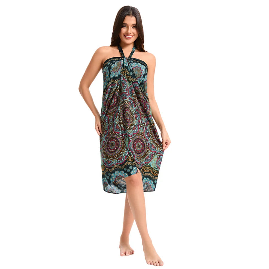 Women’s Boho Maxi Wrap Long Skirt Tie Up Beach Cover Up Dress Vintage Bohemian Adjustable High Waisted Holiday Rayon Dress