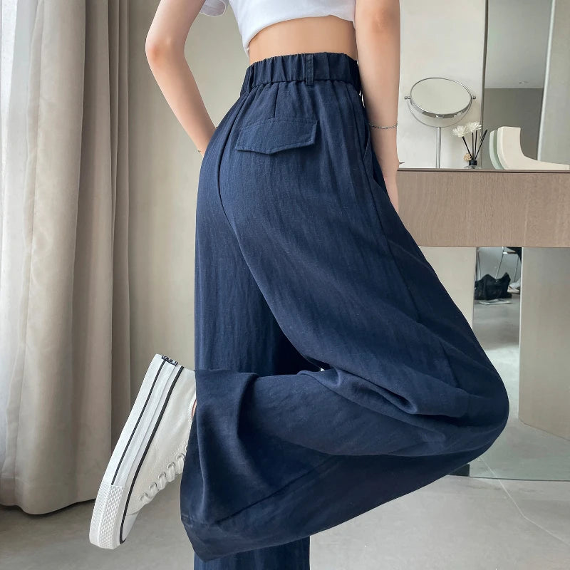 2025 Summer New Cotton and Linen Women's Wide Leg Pants Solid Ice Silk High Waist Straight Casual Loose Suit Trousers Female