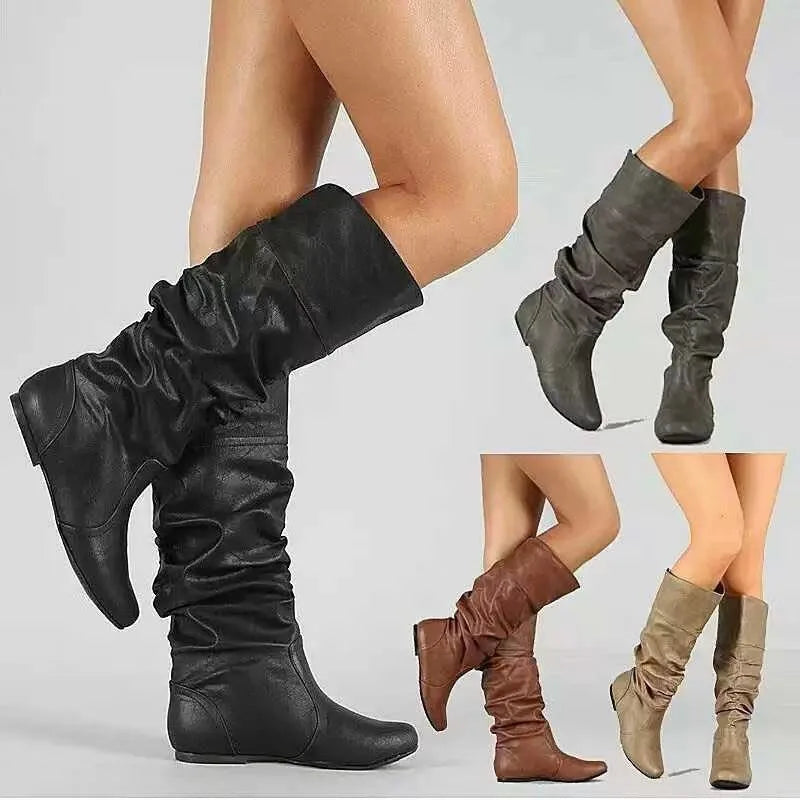 2024 Spring Autumn Mid-Calf Boots Women Flat Shoes Women High Boots Long Western Cowboy Boots Women Footwear Large size 35-43