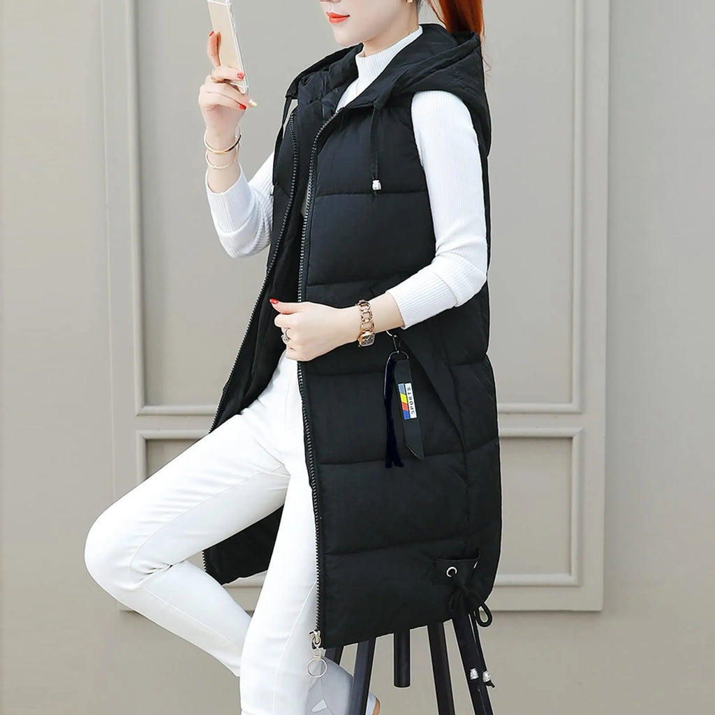 Women'S Autumn And Winter Temperament Sleeveless Cardigan Mid-Length Cotton Vest Vest Coat Abrigos Mujer Invierno Chamarras Muje