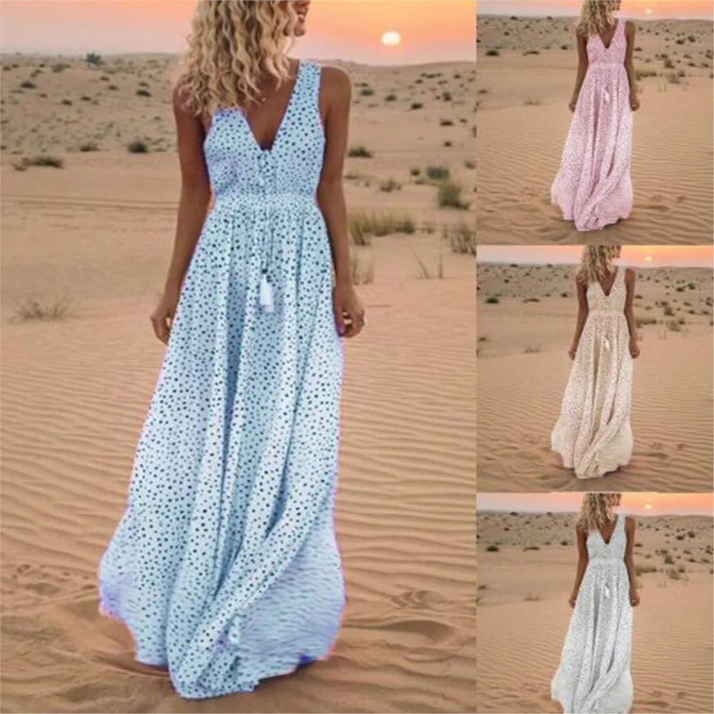 Fashion Print Sleeveless Long Dress 2025 Summer Casual Boho V Neck Loose A Line Dress Elegant Beach Party Dress Robe Femme
