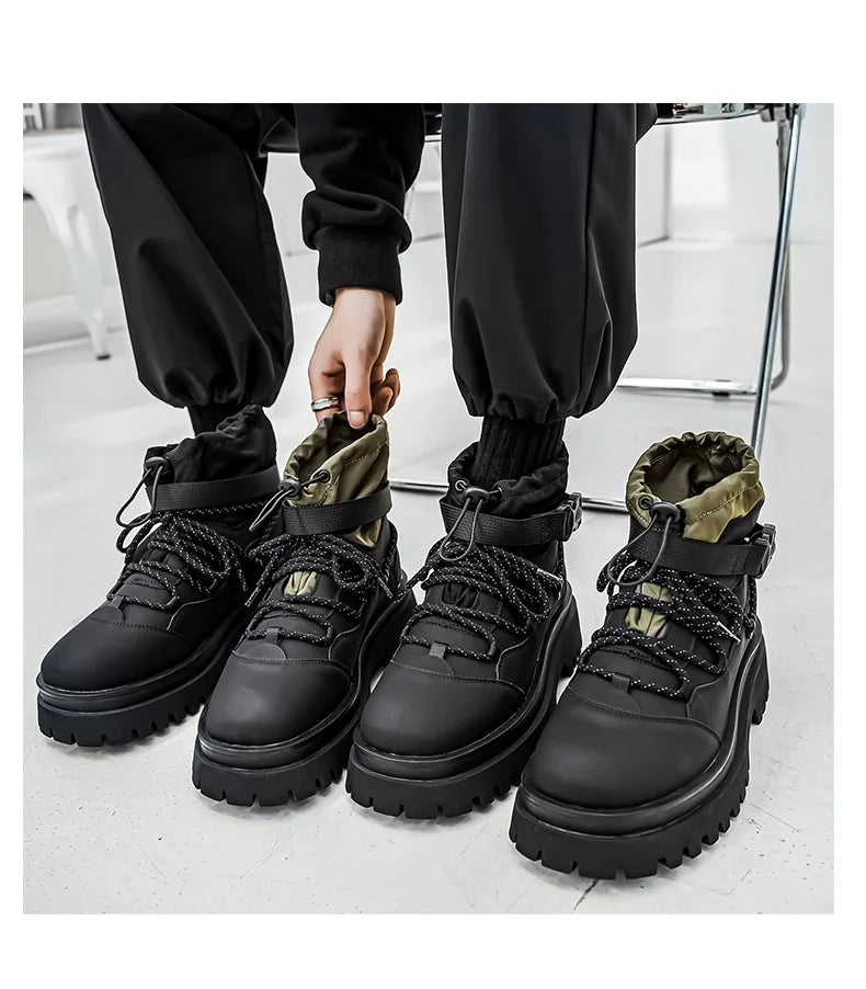 Men Platform Ankle Boots Fashion Personalized Strap Design Shoes Brand High Quality Motorcycle Boots Casual Outdoor Zipper Shoes