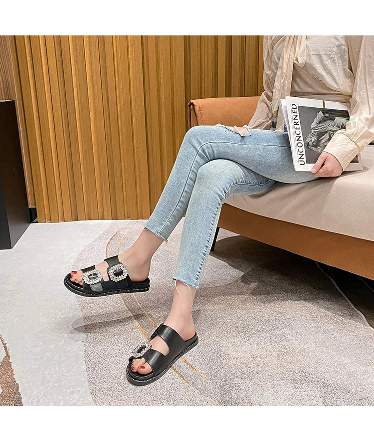 2025 Brand Rhinestone Buckle Sandals Women Double Band Slippers Crystal Shoes Ladies Casual Slides Slip On Flat Heels Flip Flops