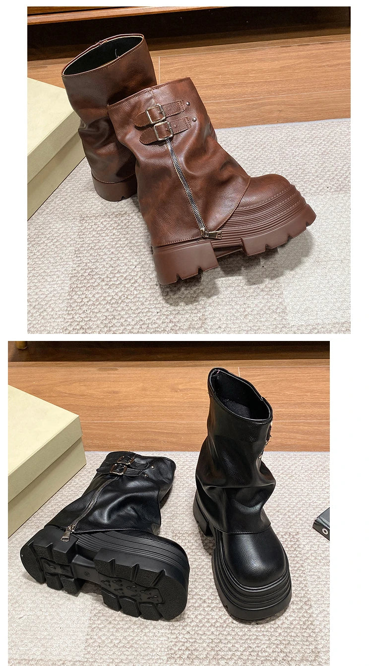 10CM Winter Warm Chunky Short Boots Women High Heels New Mid Calf Leather Sneakers Trend Buckle Motorcycle Boots Fur Snow Shoes