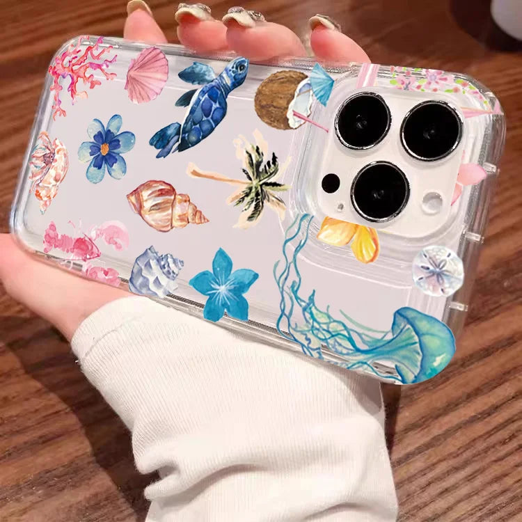 Transparent Turtle Lobster Coconut Print Case For iPhone 16E 16 15 14 13 12 11 Pro Max Mini Soft Covers