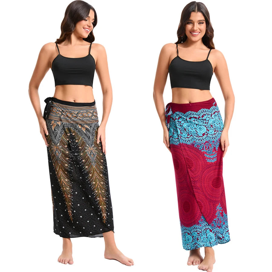 Women’s Boho Maxi Wrap Long Skirt Tie Up Beach Cover Up Dress Vintage Bohemian Adjustable High Waisted Holiday Rayon Dress